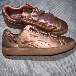 Women’s Puma Basket Heart Retro Rose Gold Copper Low Top Satin Laces Sneakers